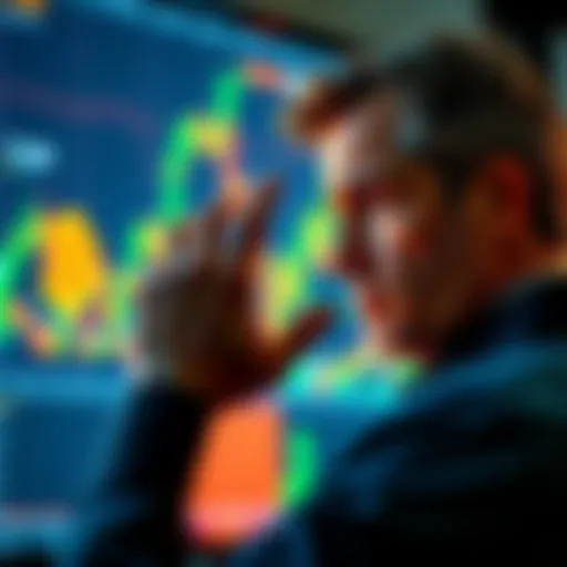 A trader staring at a financial chart showing a Bitcoin price surge, looking frustrated and concerned.