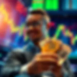 Trader Planning Bitcoin Investment A trader holding euros, contemplating a Bitcoin investment, with a hopeful expression as market charts show fluctuations in the background.