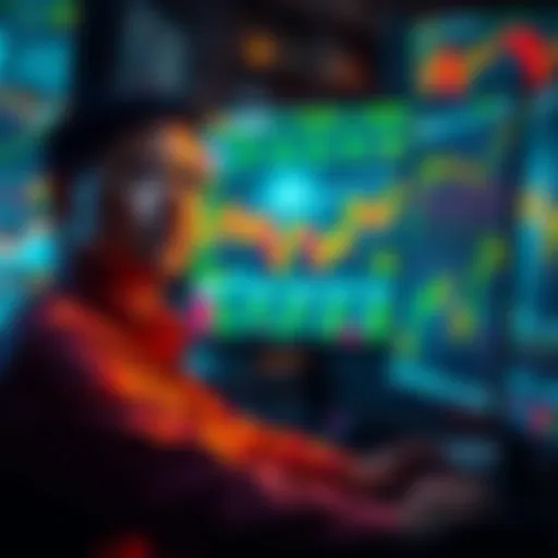 A trader looking worried while checking crypto prices on a computer, surrounded by charts and graphs.