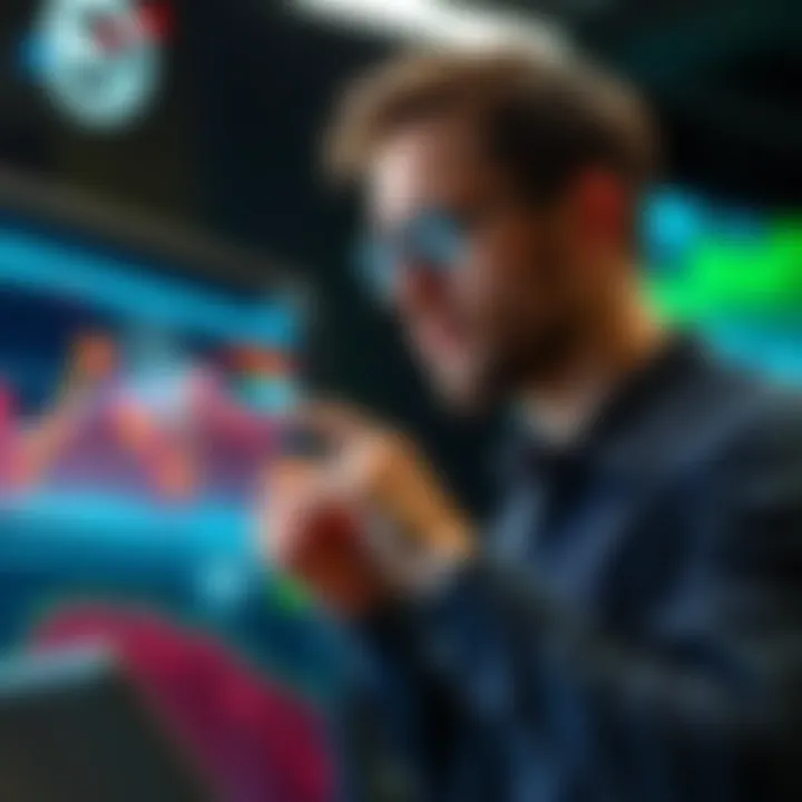 A trader analyzing data on a screen that shows emotional sensing metrics with a thoughtful expression