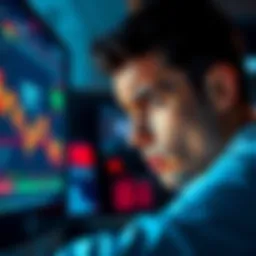 A trader looks worried, staring at a computer screen showing a downtrend in market prices, indicating significant losses from a high leverage bet.