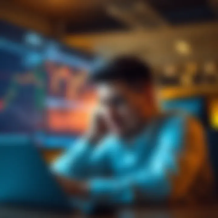 A trader sits at their desk, looking stressed and frustrated after losing money on a trade involving JTO. Charts and a computer screen showing trading data are visible in the background.