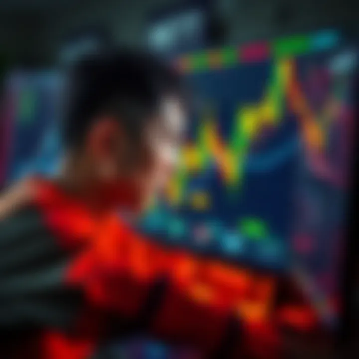 A trader looks worried while staring at a falling cryptocurrency chart on a computer screen, reflecting on their loss.
