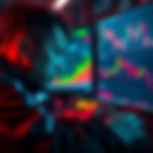 A cryptocurrency trader focused on a screen showing market graphs, demonstrating emotional control during trading.