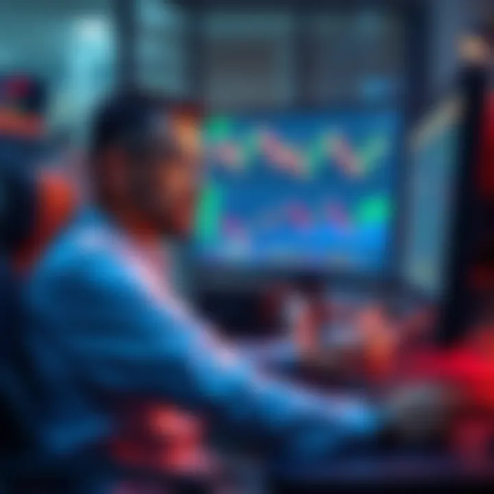 A trader sits at a desk, looking at charts on a computer screen with a thoughtful expression, symbolizing regret over past cryptocurrency trades.