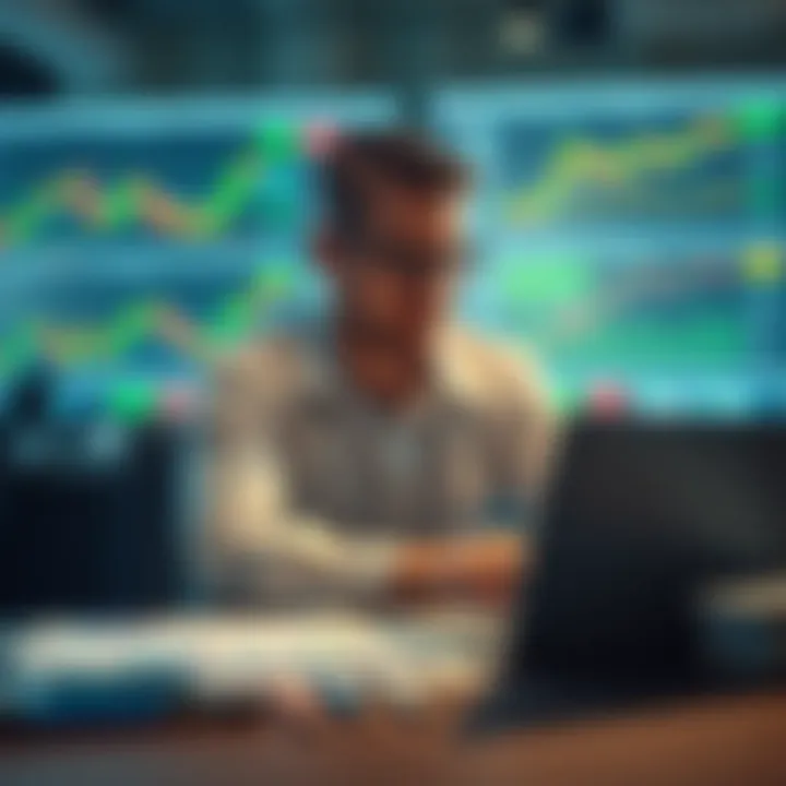 A trader looking at stock charts and graphs, contemplating investment options while sitting at a desk with a laptop and market data.
