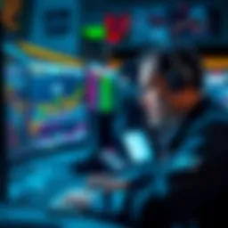 A trader looking at trading charts on a computer, showing focus and concentration while analyzing data.