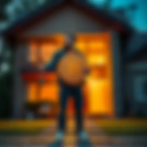 A trader stands in front of a house, looking pensive and reflective, holding a Bitcoin symbol in one hand and a house key in the other.
