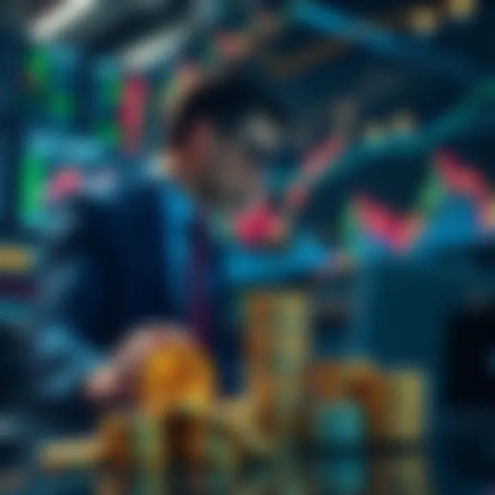 A trader analyzes charts and stacks Pi coins during a market crash, with a positive atmosphere as Pi Day approaches