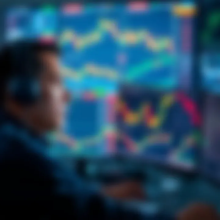 Trader looking stressed at computer A trader with a worried expression staring at multiple cryptocurrency charts on a computer screen, reflecting emotional fatigue from market volatility.