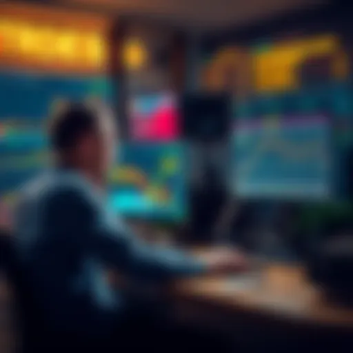 A trader sitting at a desk with a laptop, looking worried and overwhelmed after losing money on investments. The screen shows a downward trend in cryptocurrency prices.