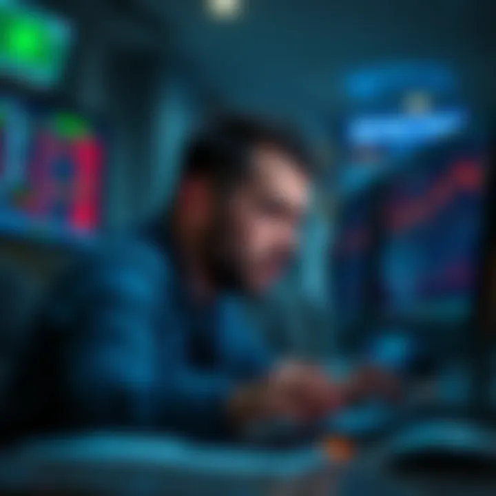 A tired trader in Los Angeles looking at multiple trading alerts on a computer screen at night, showing signs of stress and anxiety over market conditions