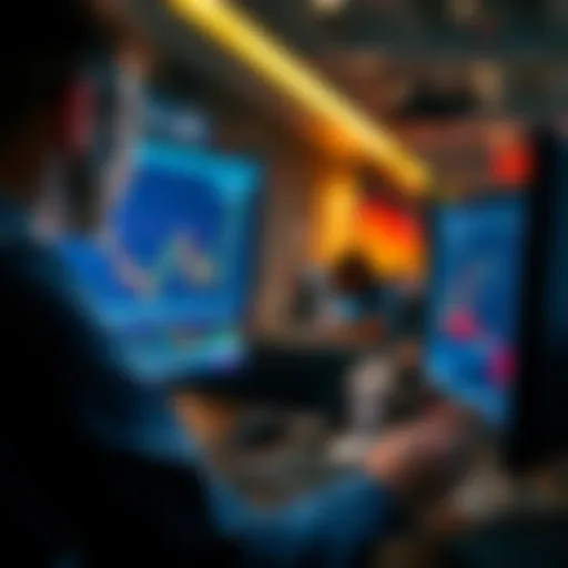 Trader analyzing market chart A trader studying a market chart on a computer screen, focused on avoiding losses and making smart decisions.