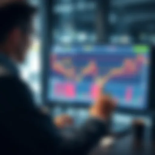 Trader Analyzing RSI Chart A trader examining a chart displaying the Relative Strength Index (RSI) on a computer screen in a modern office setting.