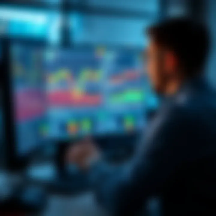 A trader analyzing charts on a computer screen with trading indicators and graphs visible
