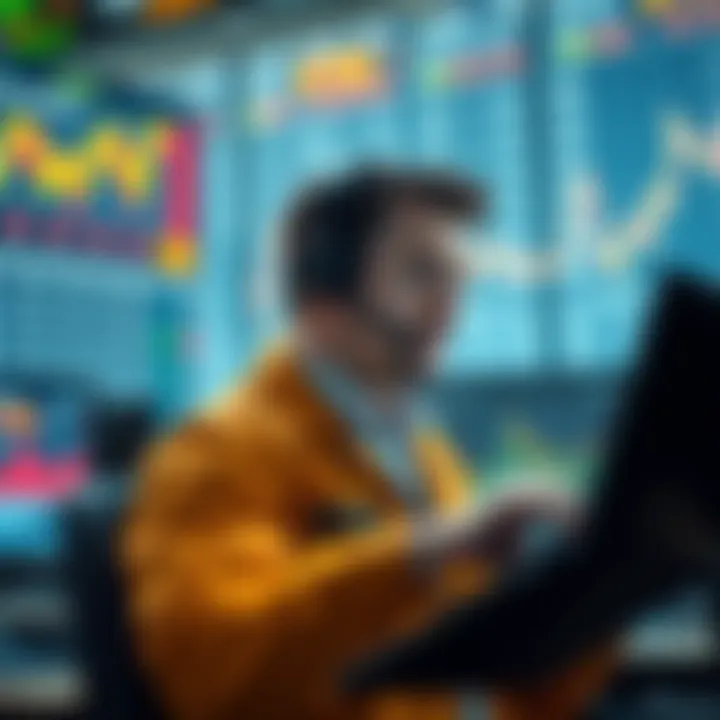 A well-known trader returns to the market, creating a buzz among investors with rising charts and trading screens.