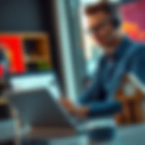 A trader looks at charts on a laptop while a clock and a family photo are in view, symbolizing the challenge of balancing trading and personal life.