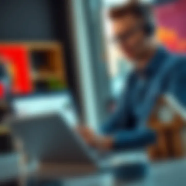 A trader looks at charts on a laptop while a clock and a family photo are in view, symbolizing the challenge of balancing trading and personal life.
