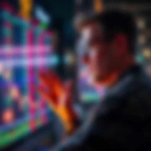A trader frustrated while watching Bitcoin prices on a screen, wishing for a price drop before buying.