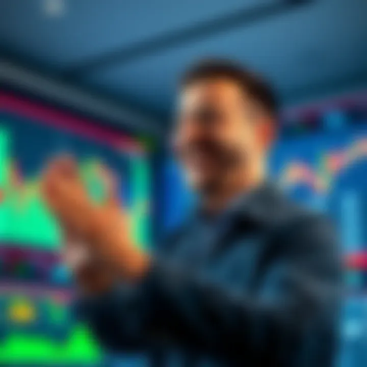 A trader smiling while looking at a rising stock chart, symbolizing a shift from short to bullish strategy.