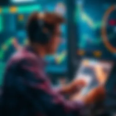 A new trader looks at charts and graphs, pondering whether to sell or hold investments.