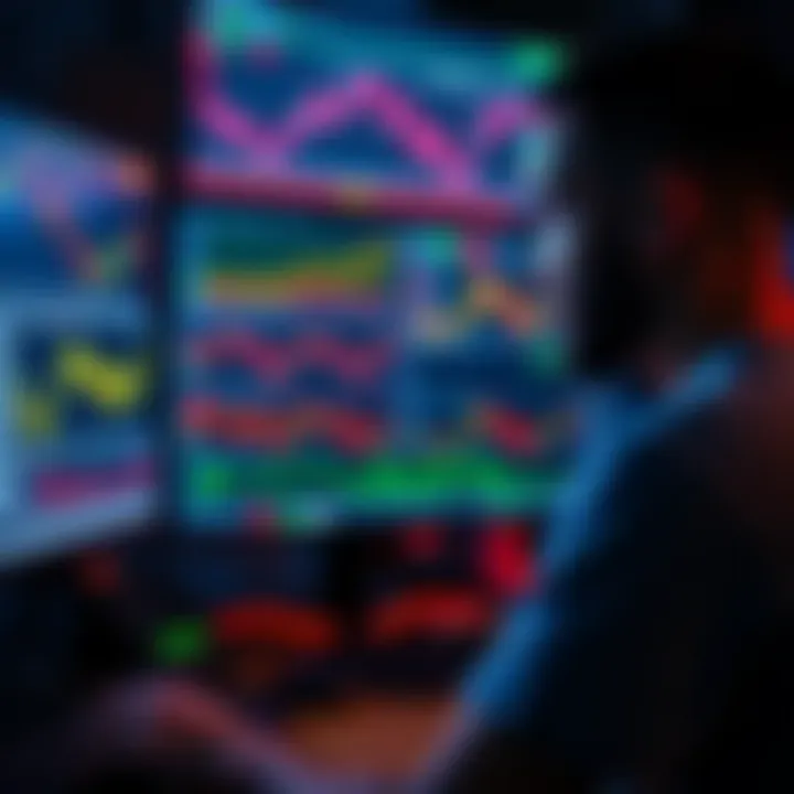 A trader looks at multiple screens displaying cryptocurrency charts and data, highlighting spot trades, futures, and market predictions.