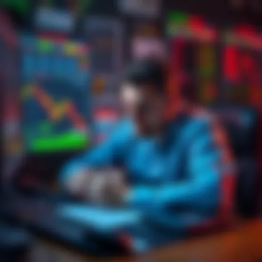 A frustrated trader sits at a desk surrounded by charts and graphs, showing signs of stress over recent crypto market downturns.