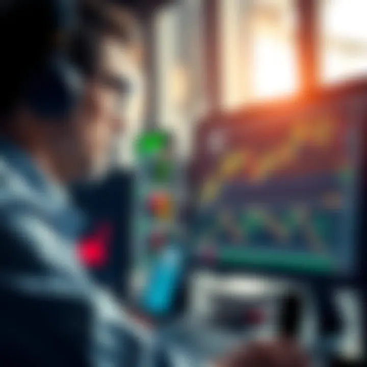 A stock trader looks at a computer screen displaying Bitcoin and Ethereum graphs, contemplating a sale amidst market volatility.