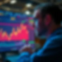 Trader contemplating market decisions A trader analyzing charts on a computer screen, showing losses and gains, deep in thought about their strategy.
