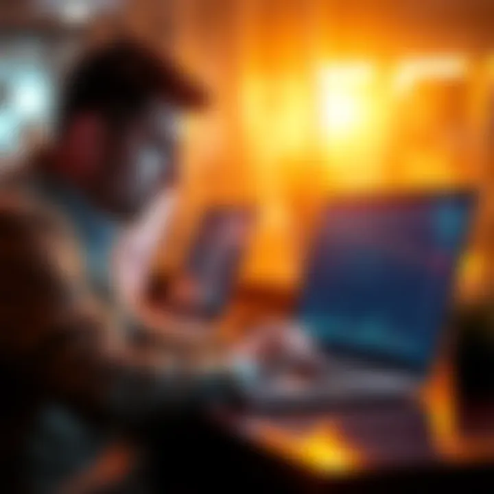 Trader Looking at Decreasing Funds A concerned trader checking their account balance on a laptop, displaying a declining chart and worried expression.