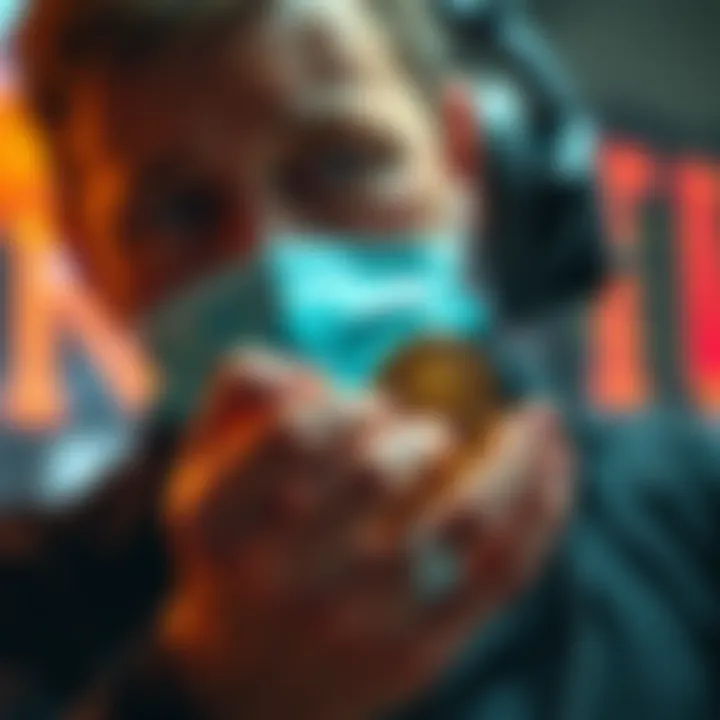 Trader holding Dogecoin coins A trader looks at Dogecoin coins with mixed emotions, reflecting on their investment journey.