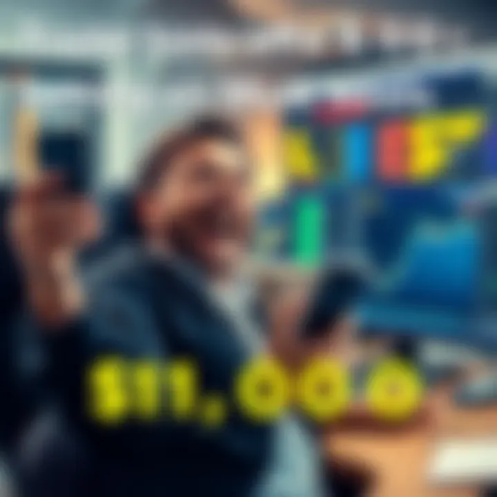 Trader Celebrates Earnings from Musk's Tweets A trader shows excitement after winning $118,000 from betting on Elon Musk's tweets, with a phone in hand and a computer screen displaying betting results in the background.