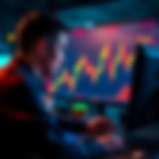 A worried trader stares at a computer screen showing plummeting cryptocurrency prices, symbolizing financial loss.