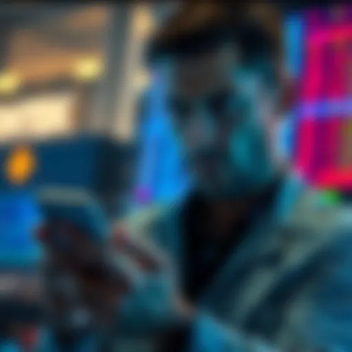 A trader looking frustrated at their phone, showing a trading app with an error message after being logged out mid-trade