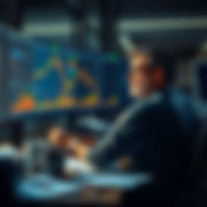 A trader sits at a desk with a worried expression, staring at a large screen displaying stock charts and price drops. Papers and coffee cups scattered around