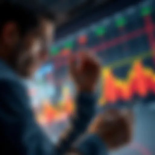 A concerned trader looking at a chart with declining stock prices, symbolizing the struggle of being a bag holder in trading.