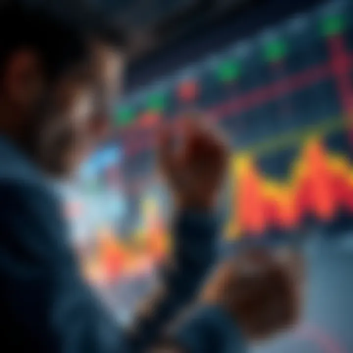 A concerned trader looking at a chart with declining stock prices, symbolizing the struggle of being a bag holder in trading.