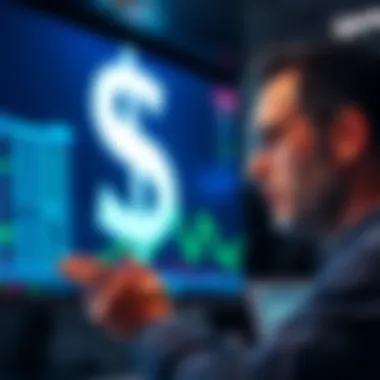 Trader invests in assets ahead of Trump speech A trader looking at financial data on a screen with a large dollar sign in the background, reflecting a $53 million investment before Trump's address about Iran.