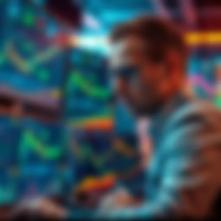 A trader looks at multiple screens displaying KAS trading charts and market trends, showing signs of excitement and anxiety.