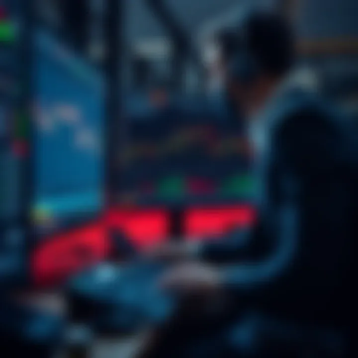 Trader setting limit sells on a screen A trader monitors a computer screen displaying limit sells while seated in a modern office environment