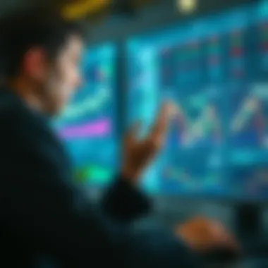 A distressed day trader examining financial charts on a computer screen, showing signs of worry and concern over recent losses in trading.