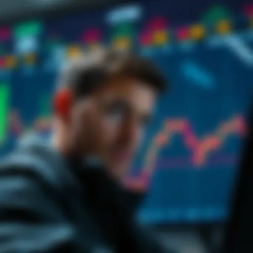 A worried trader gazes at a declining cryptocurrency chart, showing signs of distress and uncertainty about selling altcoins.