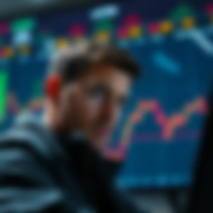 A worried trader gazes at a declining cryptocurrency chart, showing signs of distress and uncertainty about selling altcoins.