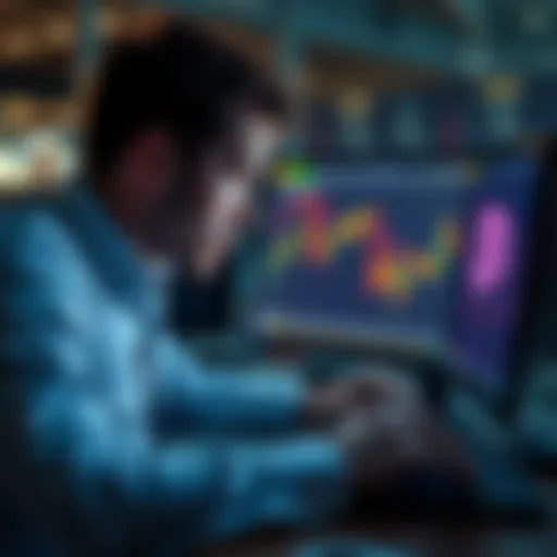 A trader looking at a laptop screen showing a declining Bitcoin chart, reflecting on his lost investment.