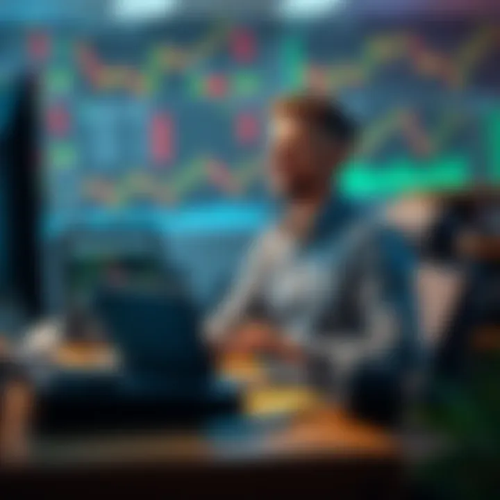 A trader sitting at a desk with a laptop, looking relieved after passing a prop firm challenge, with charts and graphs in the background.