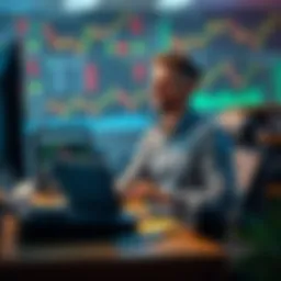 Trader Overcoming Fear A trader sitting at a desk with a laptop, looking relieved after passing a prop firm challenge, with charts and graphs in the background.