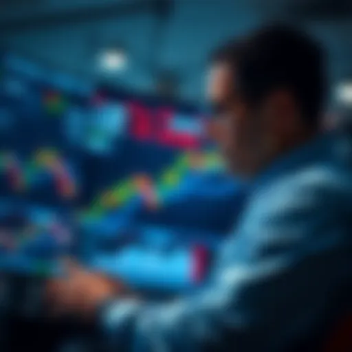 A trader looking at trading charts showing rapid growth and recent losses, symbolizing the volatility of the market.