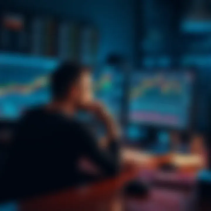 A trader sitting at a desk, looking thoughtfully at their computer screen filled with charts, symbolizing the struggle of tracking trading habits and losses.