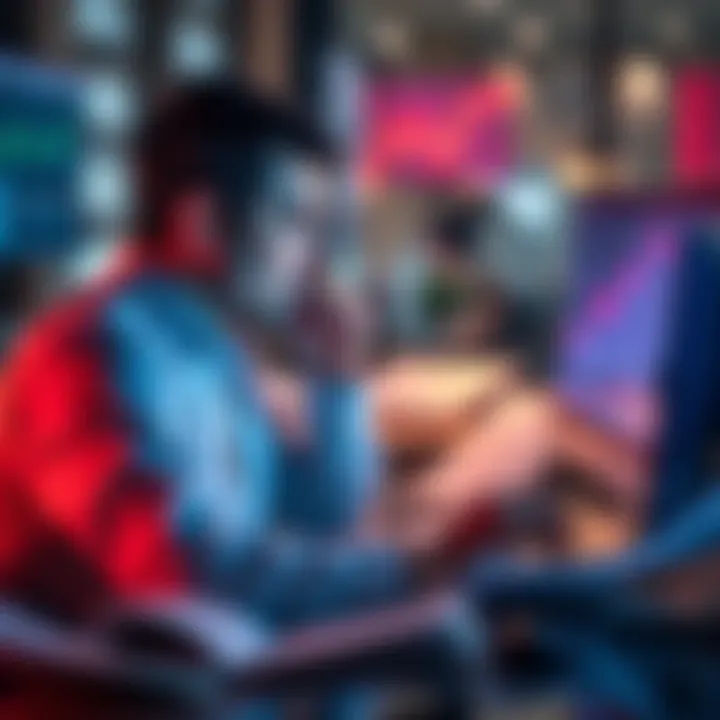 A trader looking at stock charts on a computer, showing a strong upward trend, with expressions of contemplation and concern about missed profits, while sitting at a desk strewn with market analysis p...