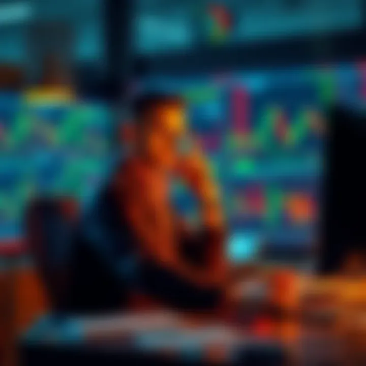 A trader sitting at a desk looking at financial charts, symbolizing loss and reflection on Bitcoin investments.